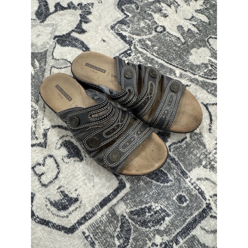 Clarks Collection Leisa Cacti Q Women's Black Leather Slide Sandals Womens Sz 7